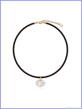14K Gold Plated Rope Choker Necklace Oval CZ Pendant Adjustable